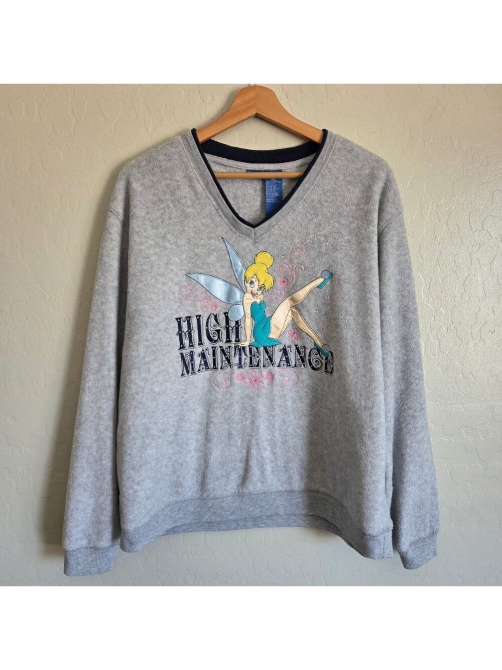 Disney Vintage Y2K Tinkerbell Fleece V-Neck Sweater Pullover Grey Size Womens XL
